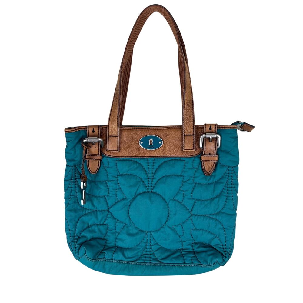 Fossil Key Per Teal Floral Quilted Tote Bag Nylon Leather Shoulder Purse